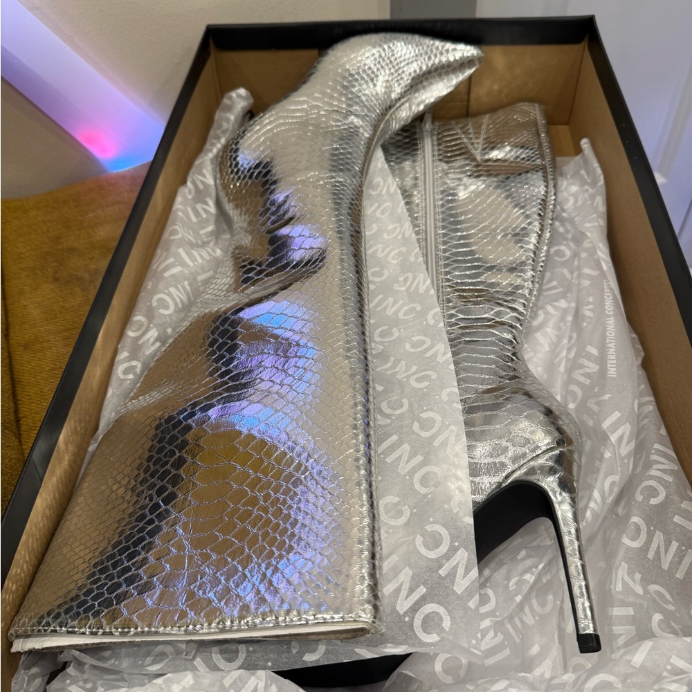 INC International Concepts Silver Snake-Embossed Over-the-Knee Stiletto Boots